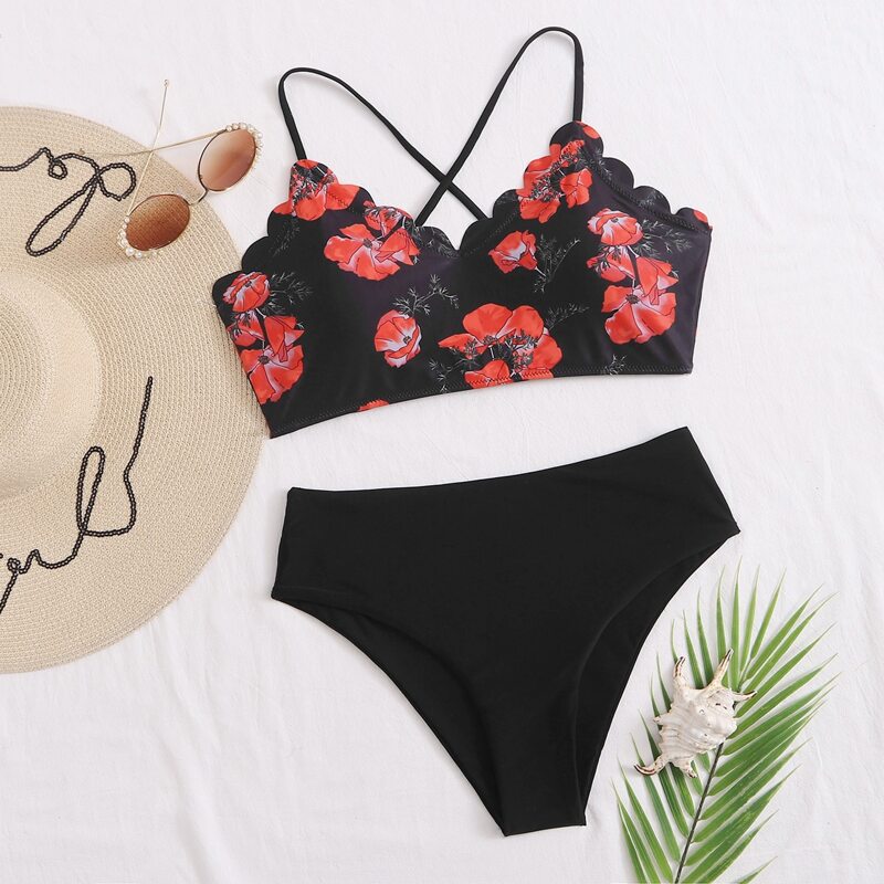 

Floral Scallop Trim Tie Back Bikini Swimsuit, Black