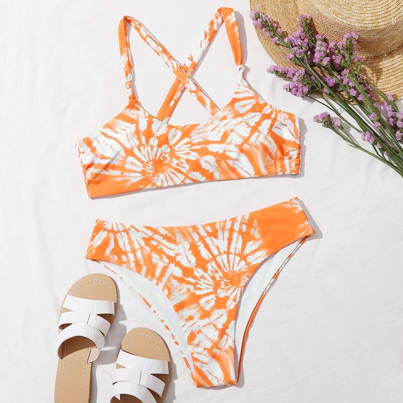 

Tie Dye Knot Criss Cross Bikini Swimsuit, Orange