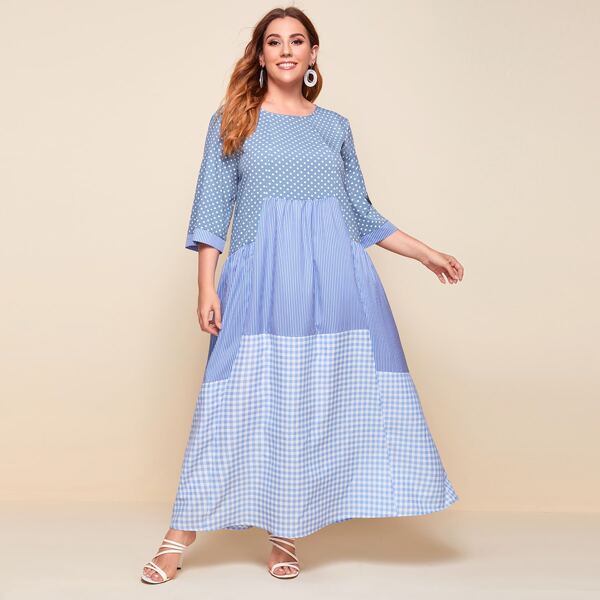 

Plus Polka-dot & Striped Print Maxi Dress, Blue