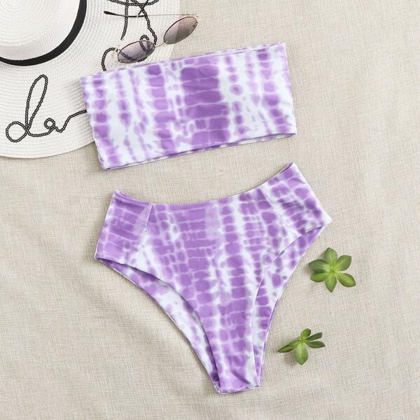 

Tie Dye Bandeau High Waisted Bikini Swimsuit, Lilac purple