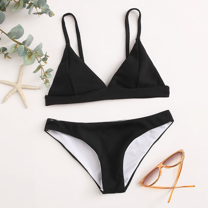 

Rib Seam Detail Triangle Bikini Swimsuit, Black