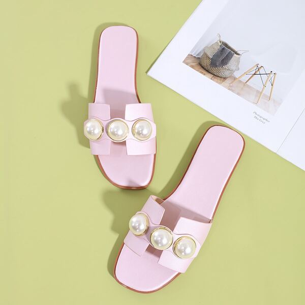 

Faux Fur Decor Slide Sandals, Pink