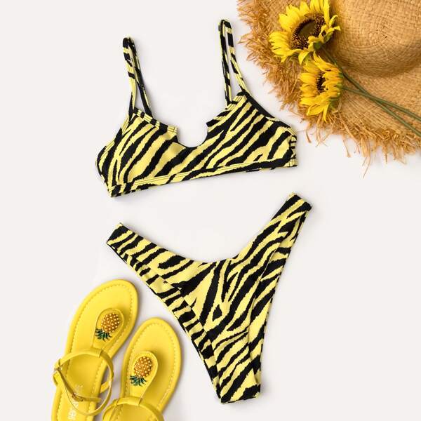

Zebra Stripe High Cut Bikini Swimsuit, Multicolor