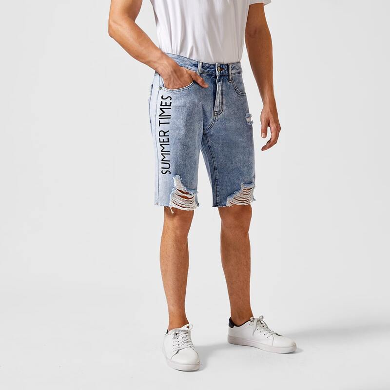 

Guys Ripped Letter Graphic Denim Shorts, Light wash