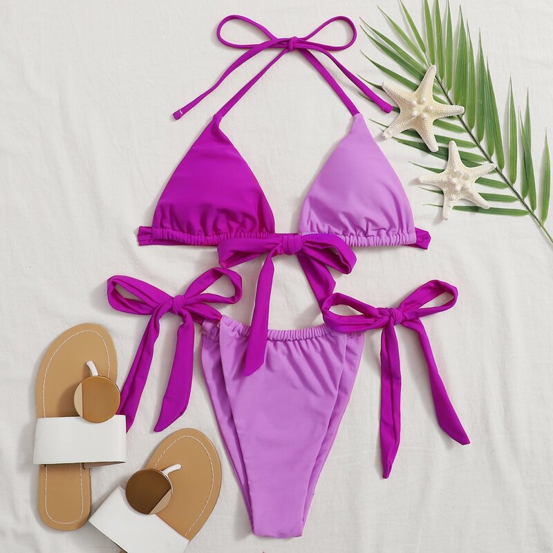 

Halter Triangle Tie Side Bikini Swimsuit, Violet purple