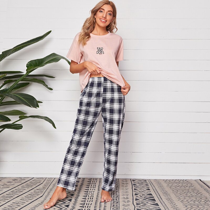 

Letter Graphic Tee With Plaid Pants PJ Set, Multicolor