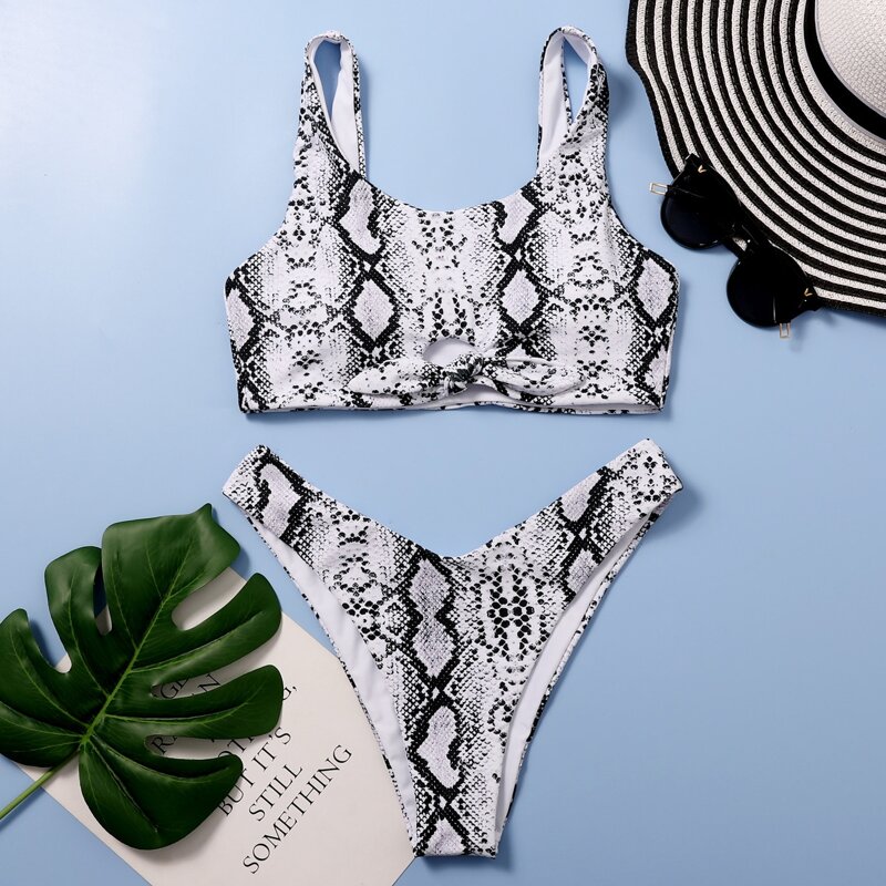 

Snakeskin Print High Cut Bikini Swimsuit, Black and white