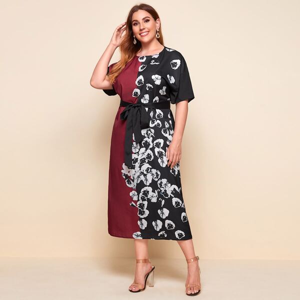 

Plus Floral Print Spliced Dress With Belt, Multicolor
