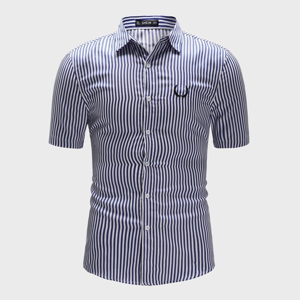 

Men Graphic Embroidered Striped Shirt, Blue and white