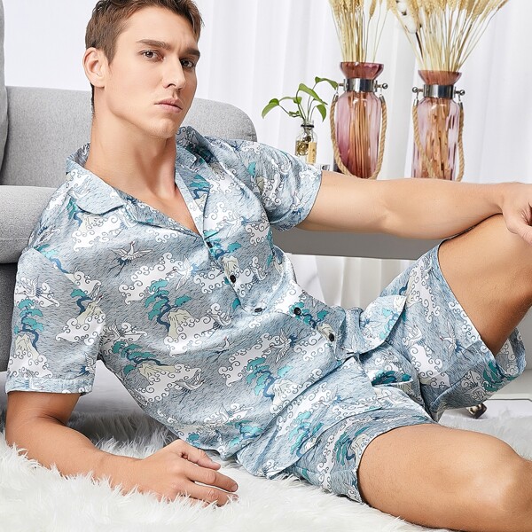 

Men Crane And Plants Print PJ Set, Multicolor