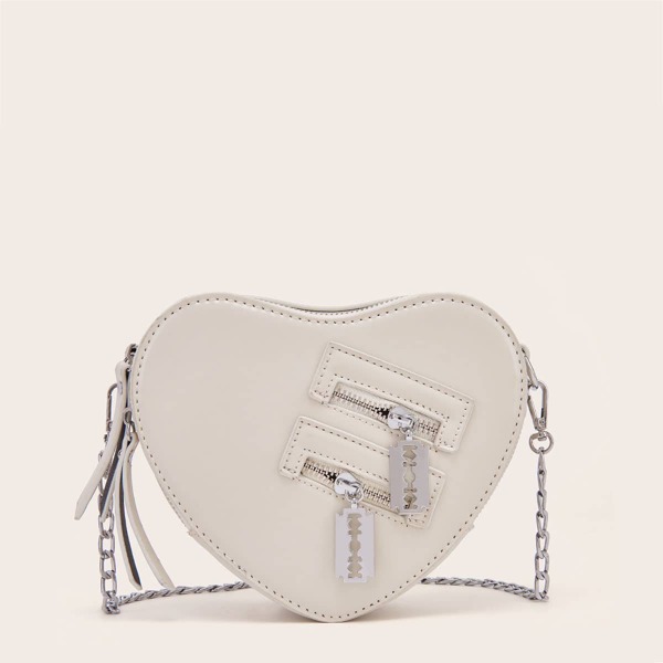 

Zipper Decor Heart Shaped Box Bag, Beige