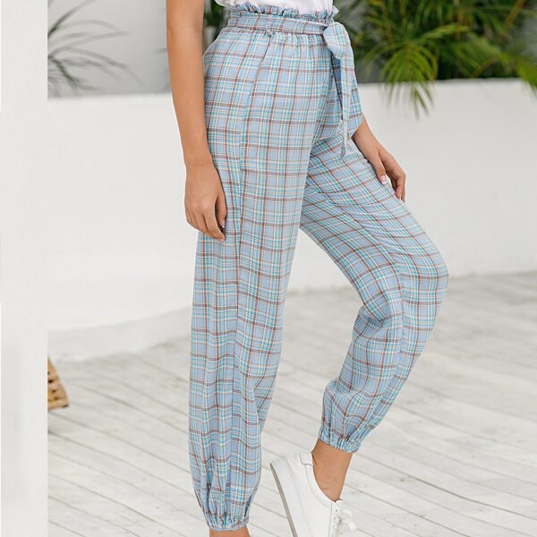 

Tartan Paperbag Waist Belted Pants, Multicolor