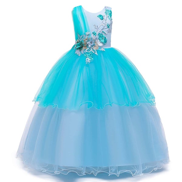 

Girls Appliques Bow Back Layered Gown Dress, Blue
