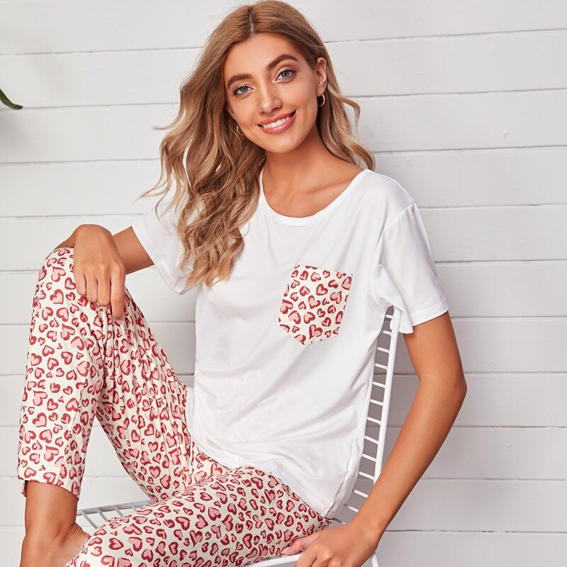 

Heart Print Tee With Pants PJ Set, Multicolor