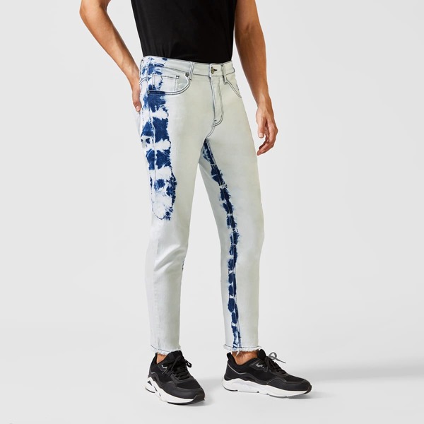 

Men Tie Dye Raw Hem Jeans, Light wash