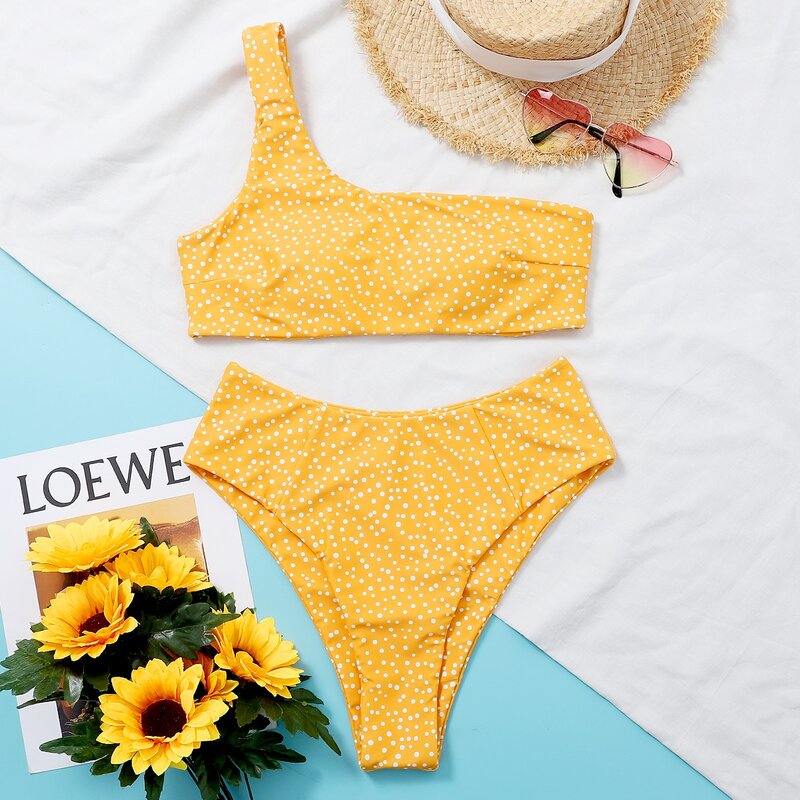 

Polka Dot One Shoulder Bikini Swimsuit, Yellow bright