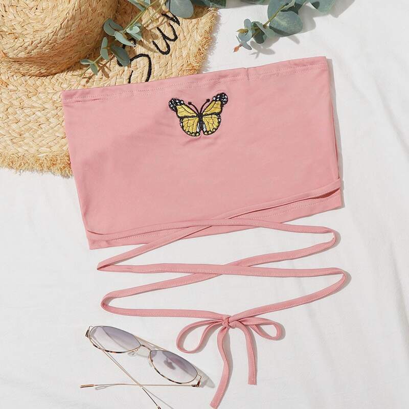

Butterfly Embroidery Criss Cross Tube Top, Dusty pink