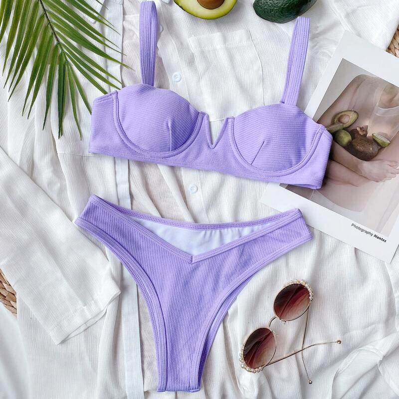 

Rib V Wired Underwire Bikini Swimsuit, Pastel lilac purple