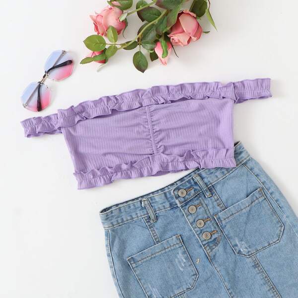 

Bardot Frill Trim Crop Top, Lilac purple
