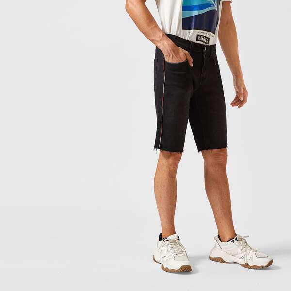 

Men Raw Hem Button Fly Bermuda Denim Shorts, Black