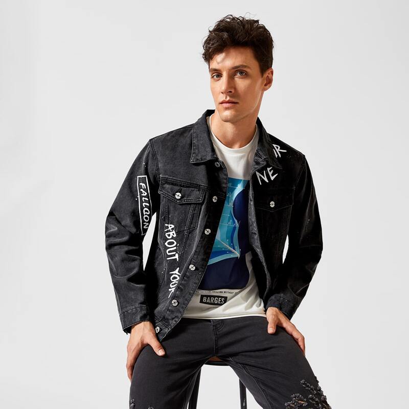 

Guys Paint Splatter Letter Graphic Denim Jacket, Black