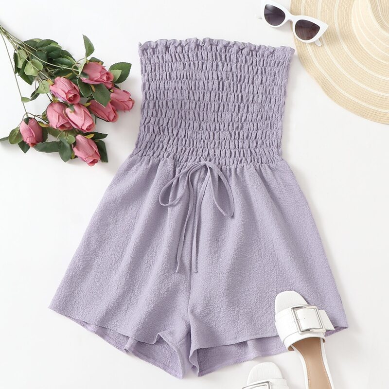 

Shirred Bodice Tie Waist Wide Leg Tube Romper, Pastel lilac purple