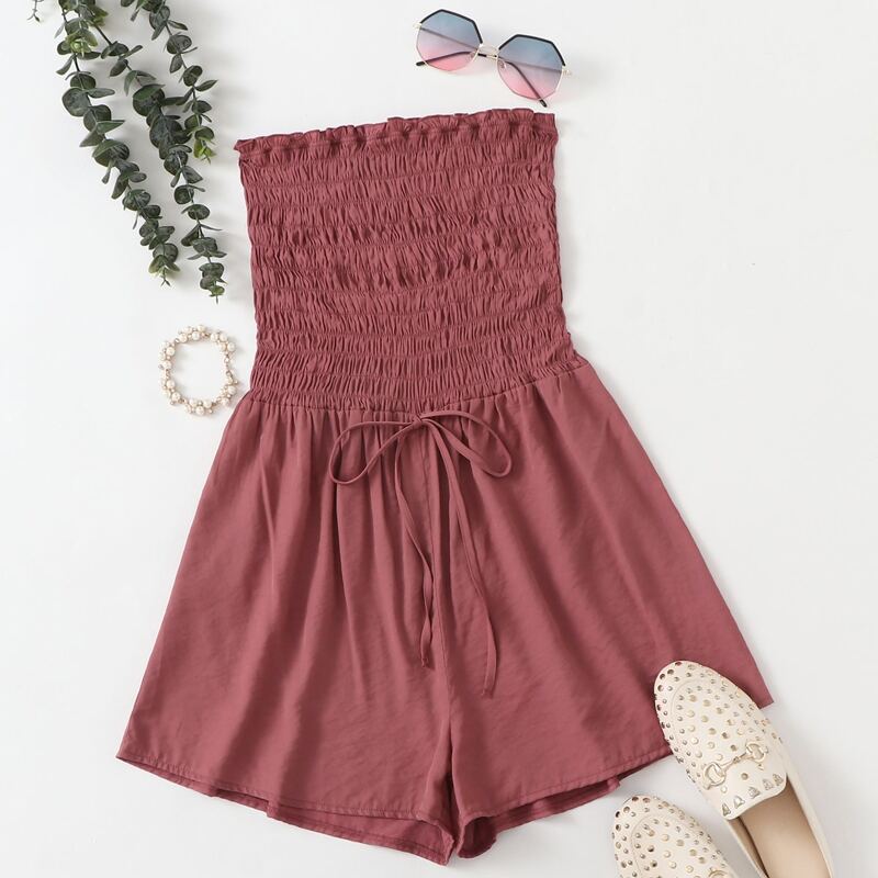 

Shirred Bodice Tie Waist Wide Leg Tube Romper, Redwood