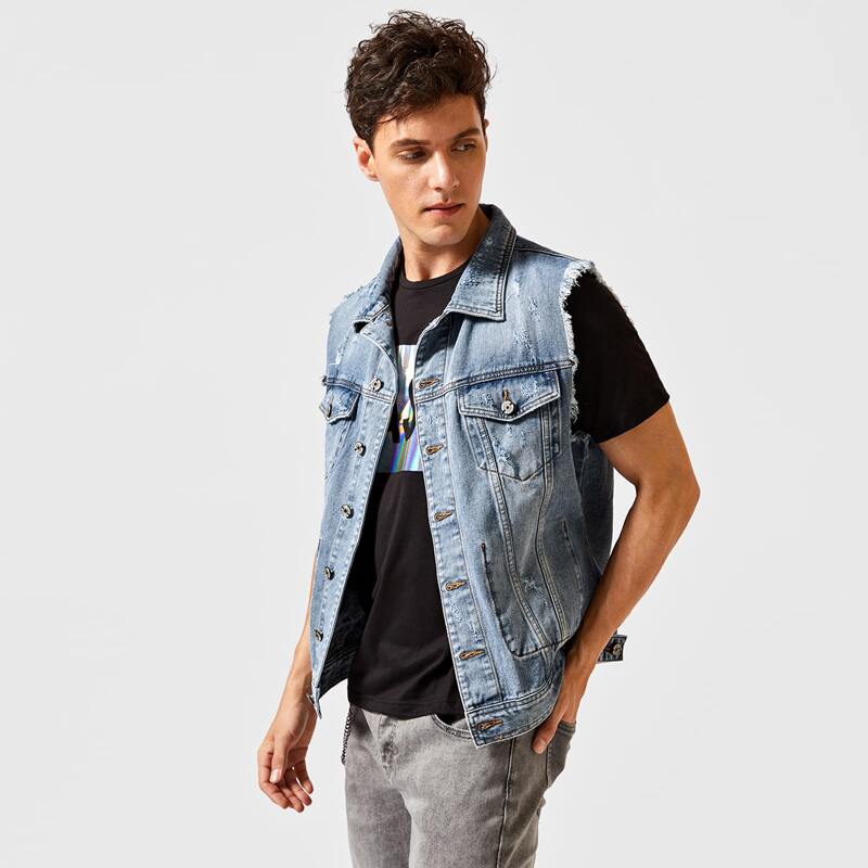 

Guys Ripped Button Through Denim Vest Jacket, Light wash