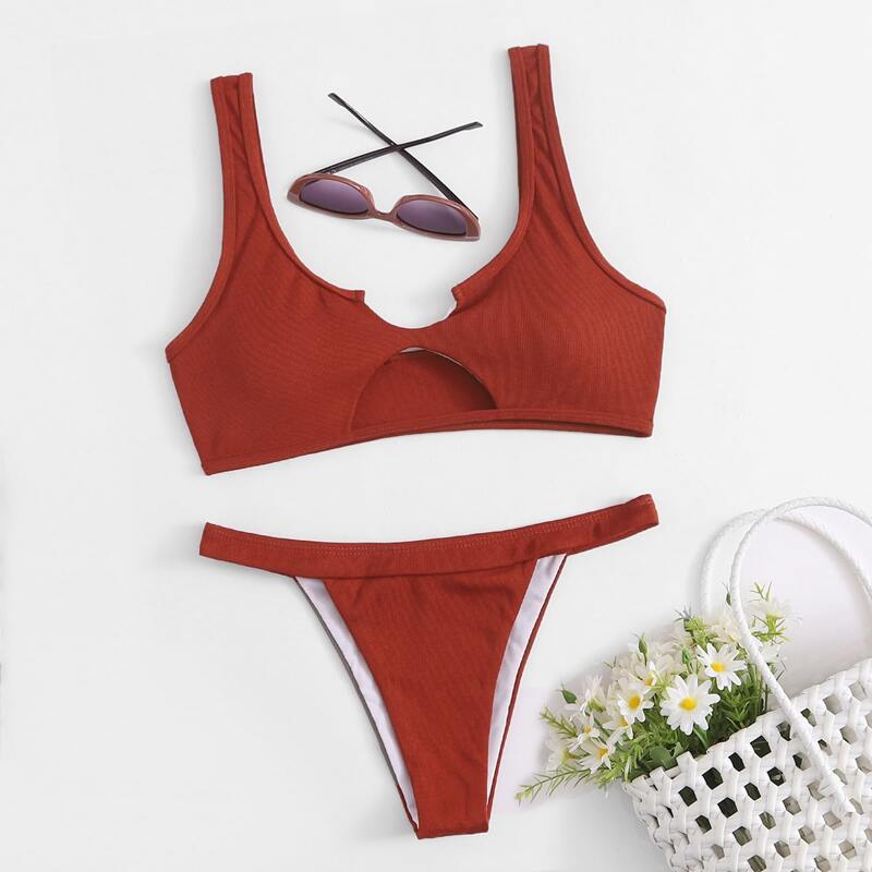 

Rib Cut Out Thong Bikini Swimsuit, Burnt orange