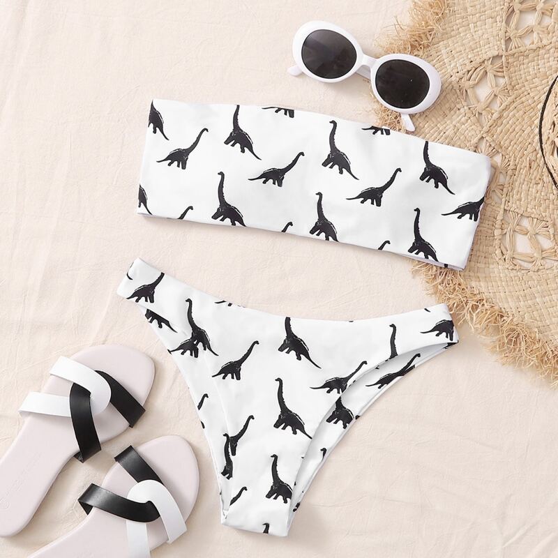 

Dinosaur Print Bandeau Bikini Swimsuit, Black and white