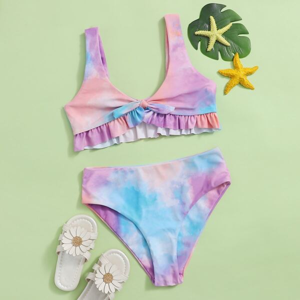 

Girls Tie Dye Ruffle Hem Bikini Swimsuit, Multicolor