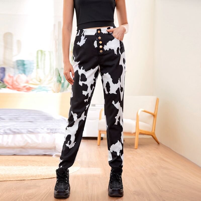 

Cow Print Button Front Sweatpants, Black and white