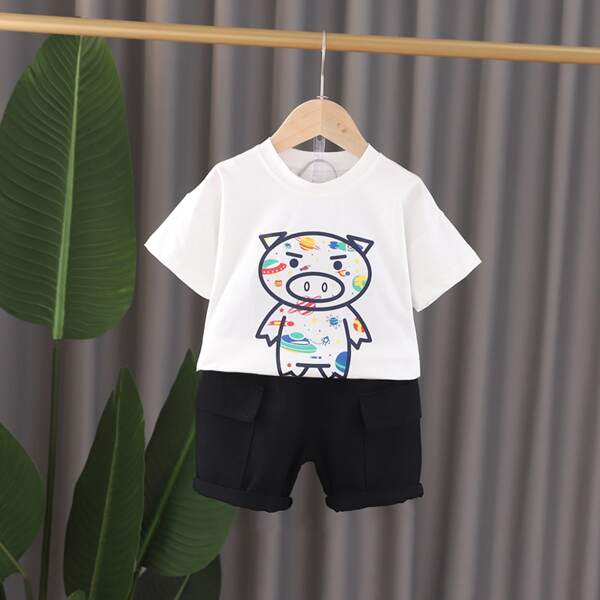

Toddler Boys Cartoon Graphic Tee & Shorts, Black and white