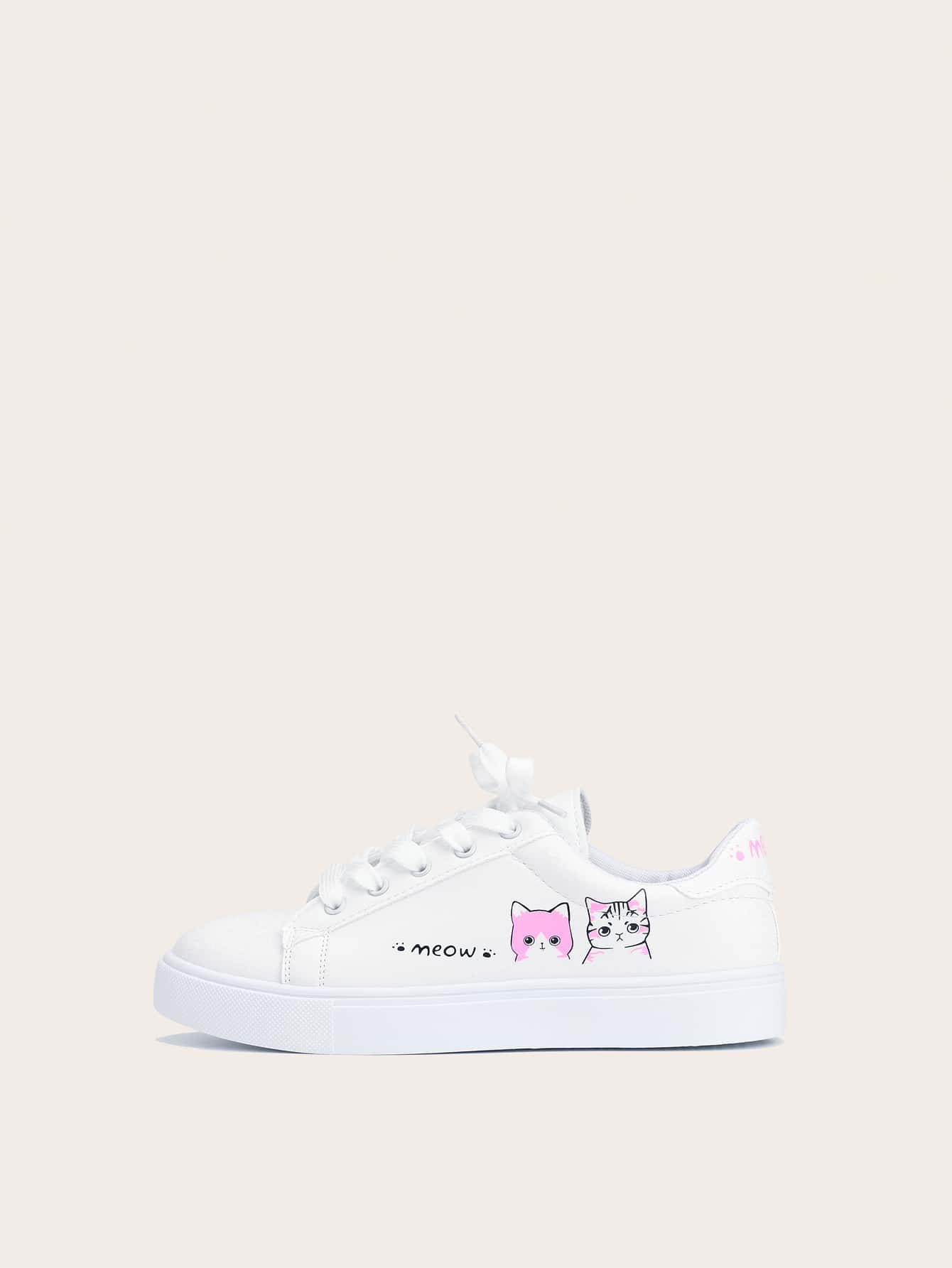 Lace-up Front Cartoon Graphic Skate Shoes - White - View 1