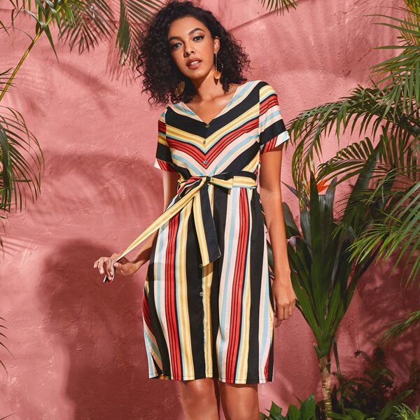 

Button Front Belted Striped Dress, Multicolor