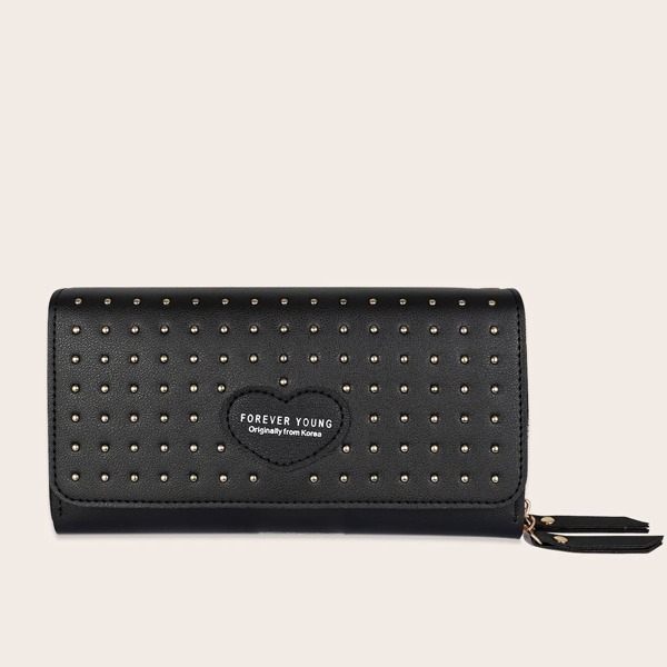 

Studded Decor Letter Graphic Clutch Bag, Black
