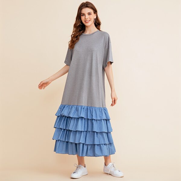 

Drop Shoulder Contrast Layered Ruffle Hem Dress, Grey
