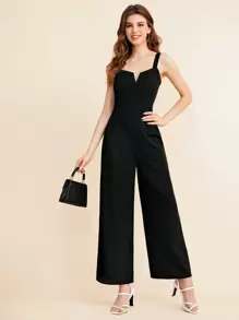 BizChic Notch Neck Solid Slip Jumpsuit Workwear - Black - View 3