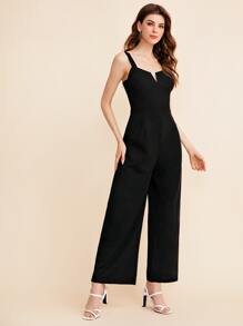 BizChic Notch Neck Solid Slip Jumpsuit Workwear - Black - View 4