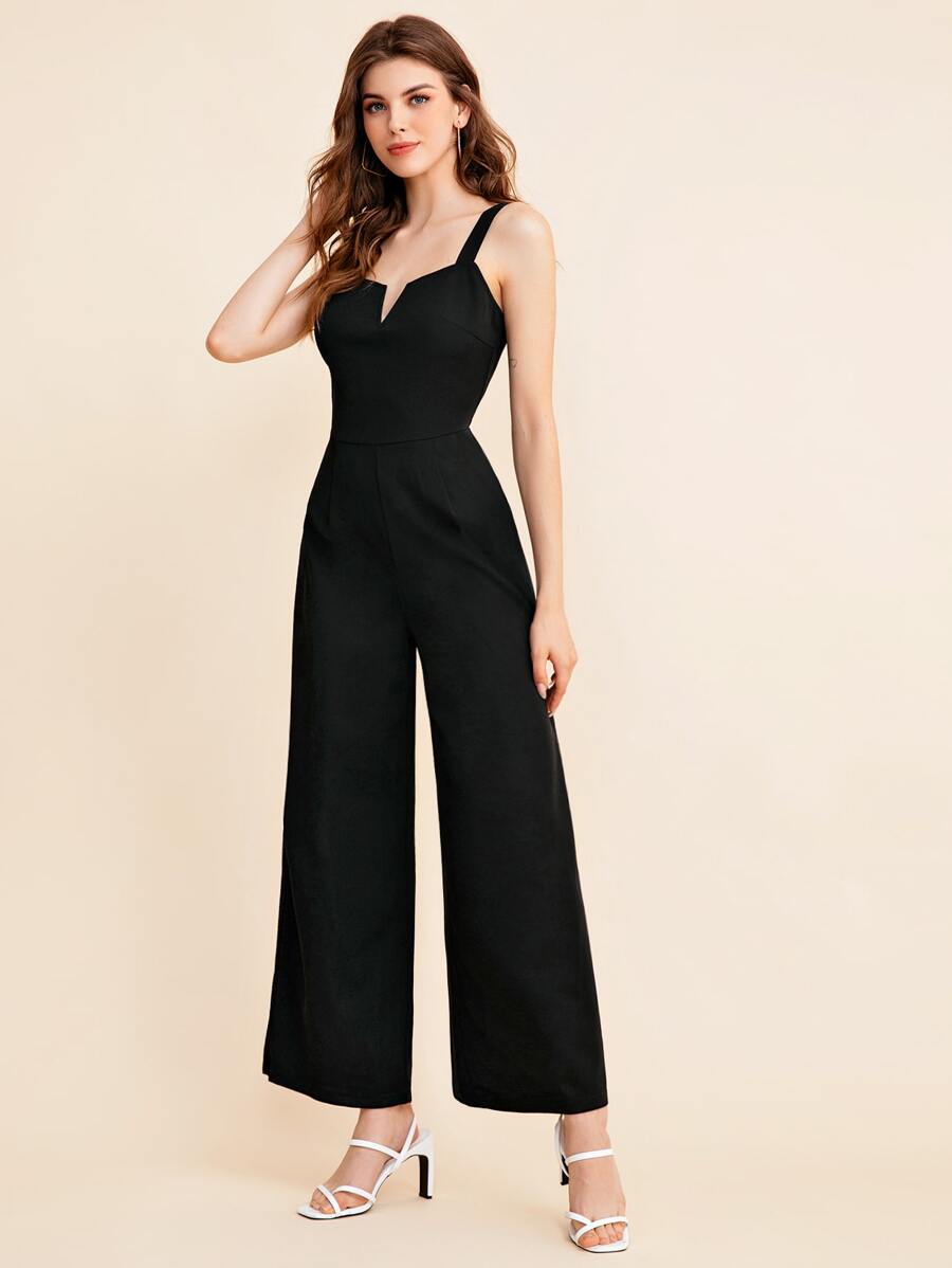 BizChic Notch Neck Solid Slip Jumpsuit Workwear - Black - View 1
