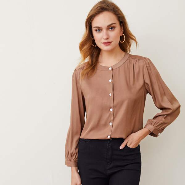 

Button Through Ruched Blouse, Coffee brown