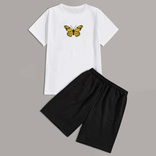 

Men Butterfly Print Tee & Shorts, Black and white