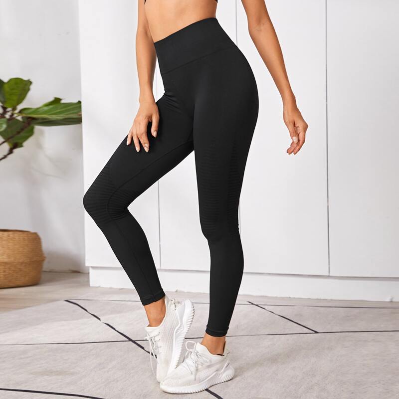 

Wide Waistband Solid Sports Leggings, Black