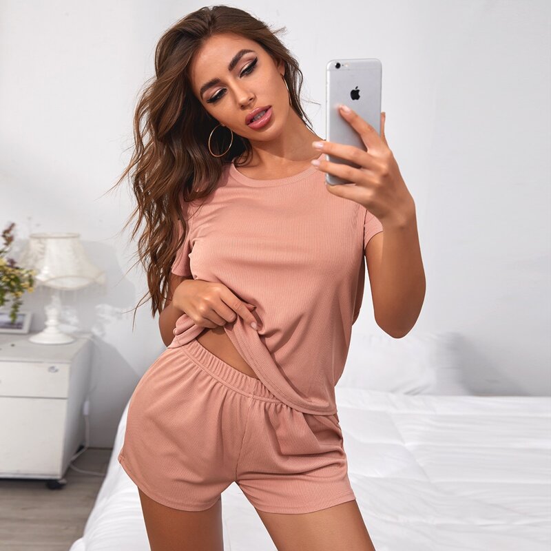 

Rib-Knit Tee With Shorts Lounge Set, Dusty pink