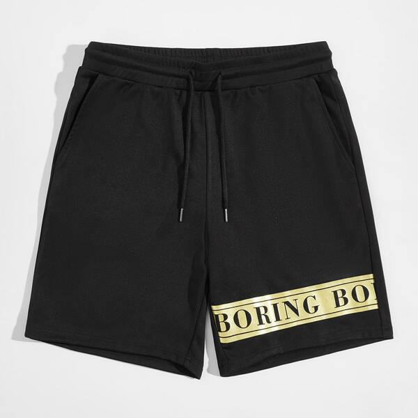 

Men Letter Graphic Contrast Panel Shorts, Black