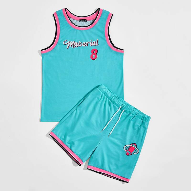 

Guys Letter Graphic Striped Ringer Tank Top & Shorts Set, Mint blue