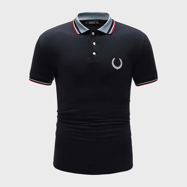 

Men Contrast Collar Botanical Print Striped Ringer Polo Shirt, Navy blue