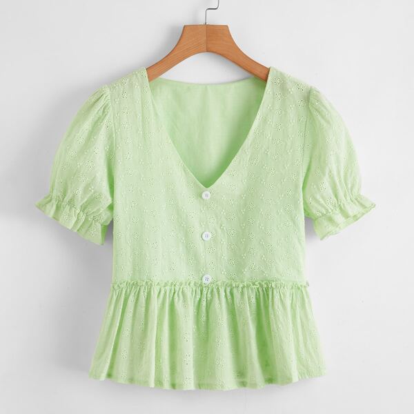 

Eyelet Embroidered Frill Trim Babydoll Blouse, Bright lime green