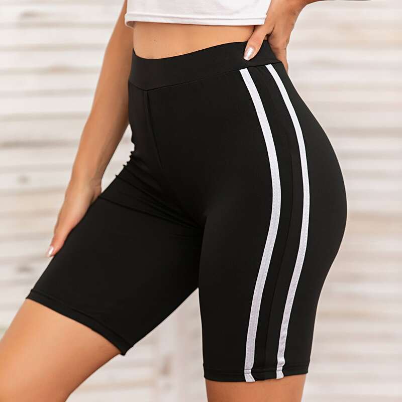 

Side Stripe Skinny Biker Shorts, Black