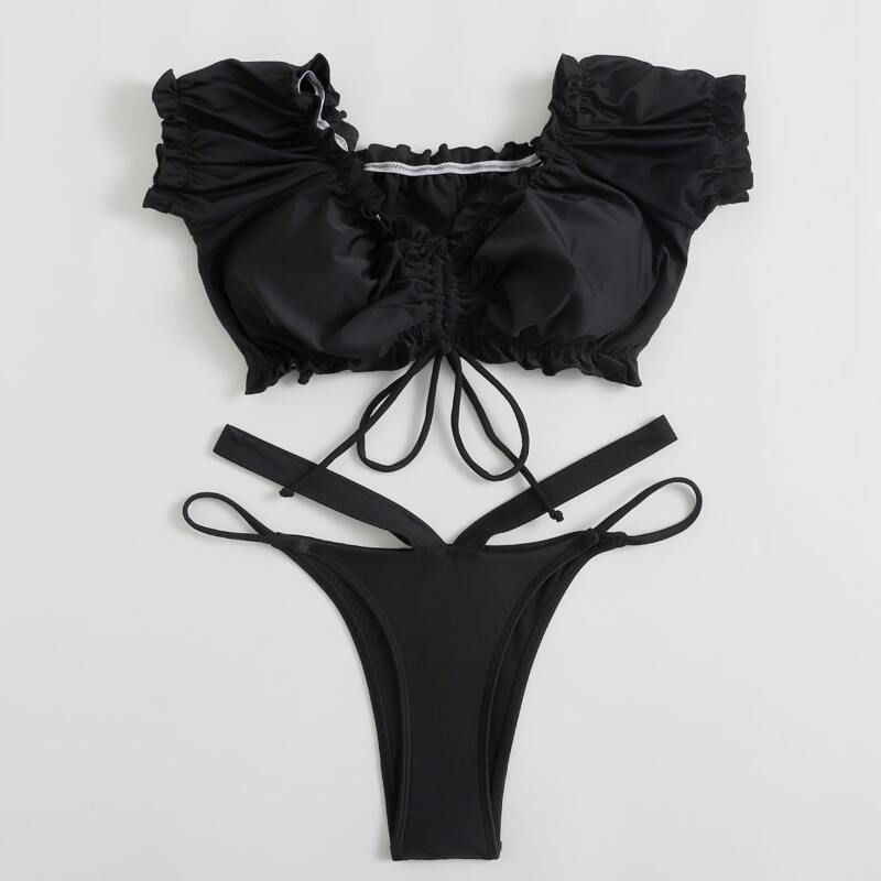 

Frill Trim Drawstring Front Bikini Swimsuit, Black